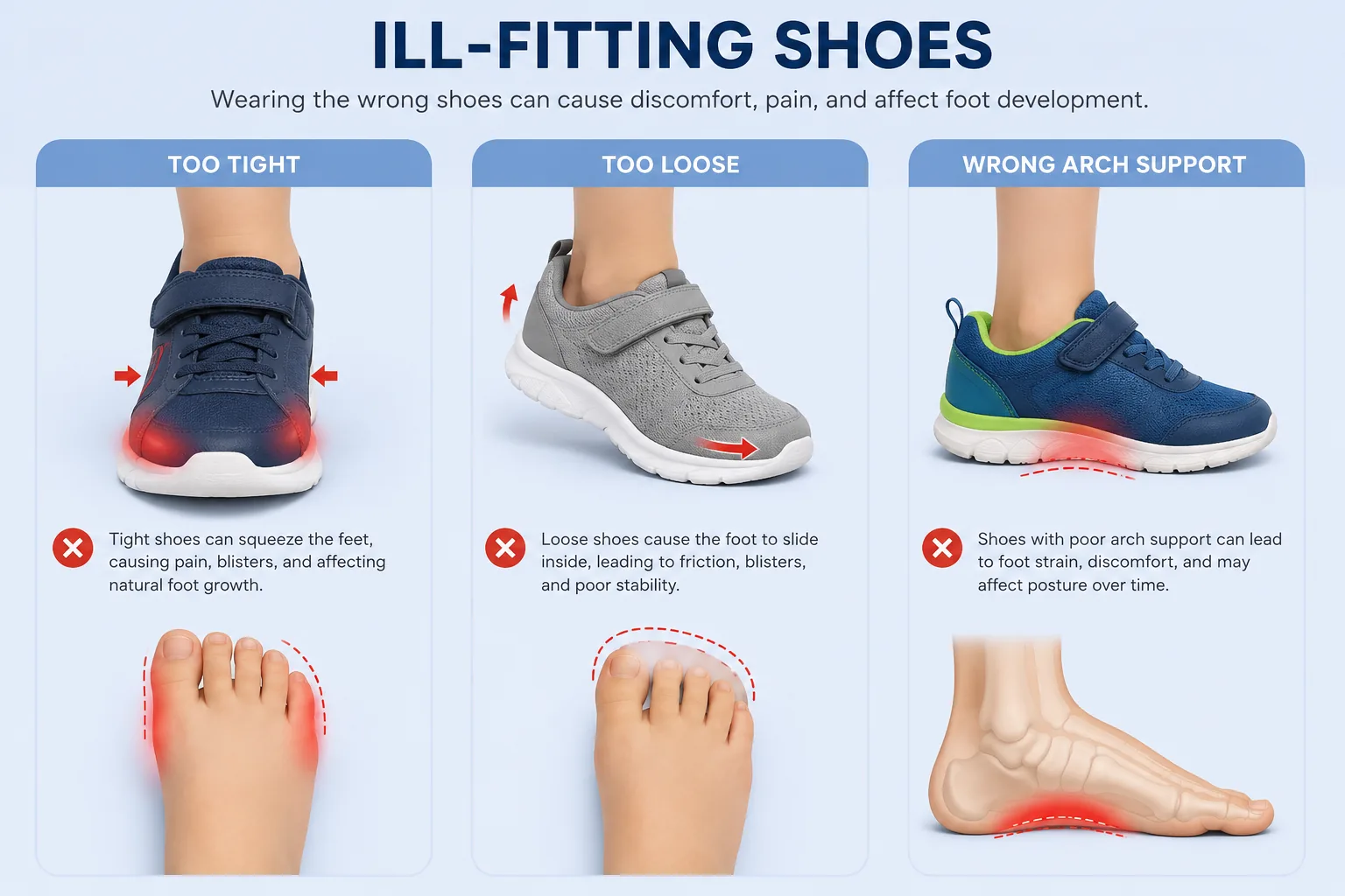Comparison diagram of three ill-fitting shoe problems: too tight shoes that squeeze toes and cause bunions, too loose shoes that allow foot slide and friction, and wrong arch support that causes poor load distribution and posture issues